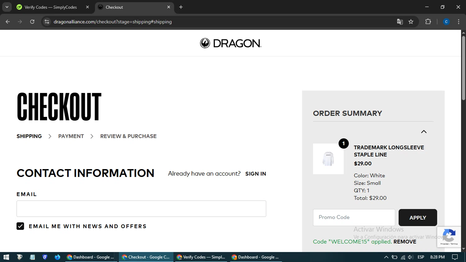 Dragon Alliance promo code screenshot showing code WELCOME15 applied at Dragon Alliance checkout page. Uploaded by SimplyCodes community member BargainExpert7605 on May 16, 2025