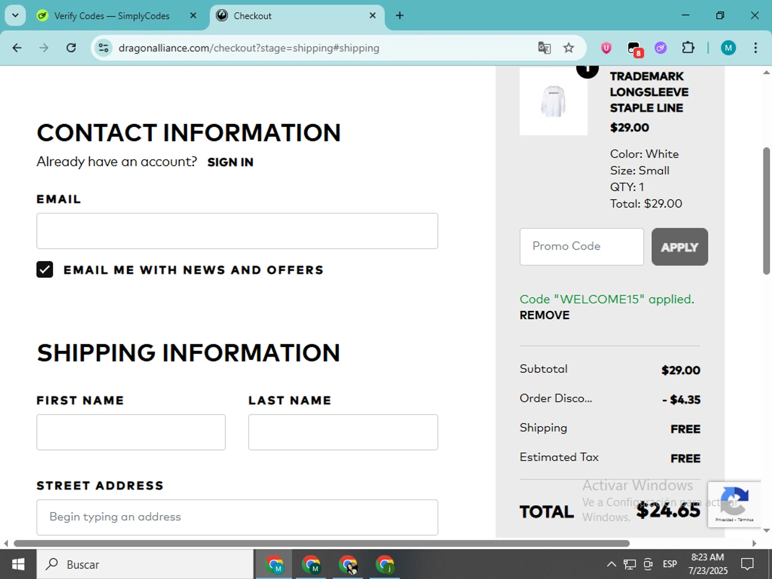 Dragon Alliance promo code screenshot showing code WELCOME15 applied at Dragon Alliance checkout page. Uploaded by SimplyCodes community member estrellaveloz on Jul 23, 2025