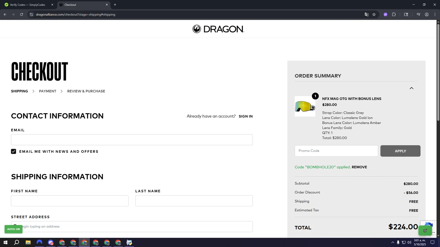 Dragon Alliance promo code screenshot showing code BOMBHOLE20 applied at Dragon Alliance checkout page. Uploaded by SimplyCodes community member kagarruta on Oct 5, 2025
