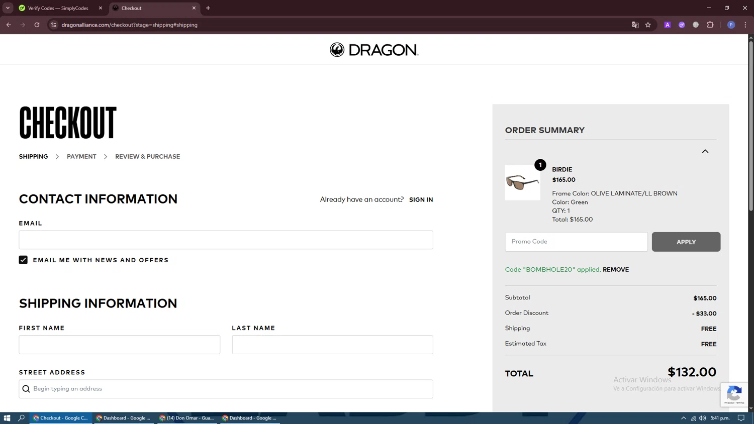 Dragon Alliance promo code screenshot showing code BOMBHOLE20 applied at Dragon Alliance checkout page. Uploaded by SimplyCodes community member Darknigth31 on Oct 26, 2025