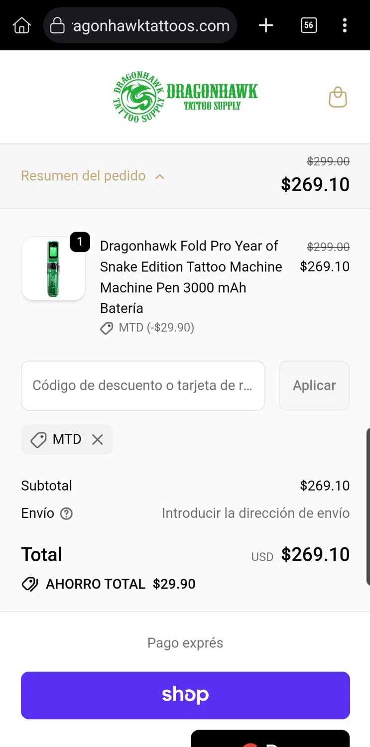 Dragonhawktattoos promo code screenshot showing code MTD applied at Dragonhawktattoos checkout page. Uploaded by SimplyCodes community member Carloslvz on Oct 4, 2025