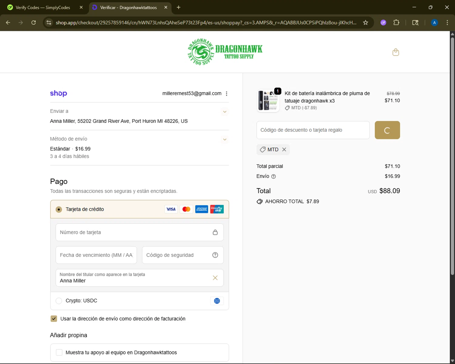 Dragonhawktattoos checkout page showing Dragonhawktattoos promo code box | Screenshot taken by SimplyCodes community member on Dec 31, 2025