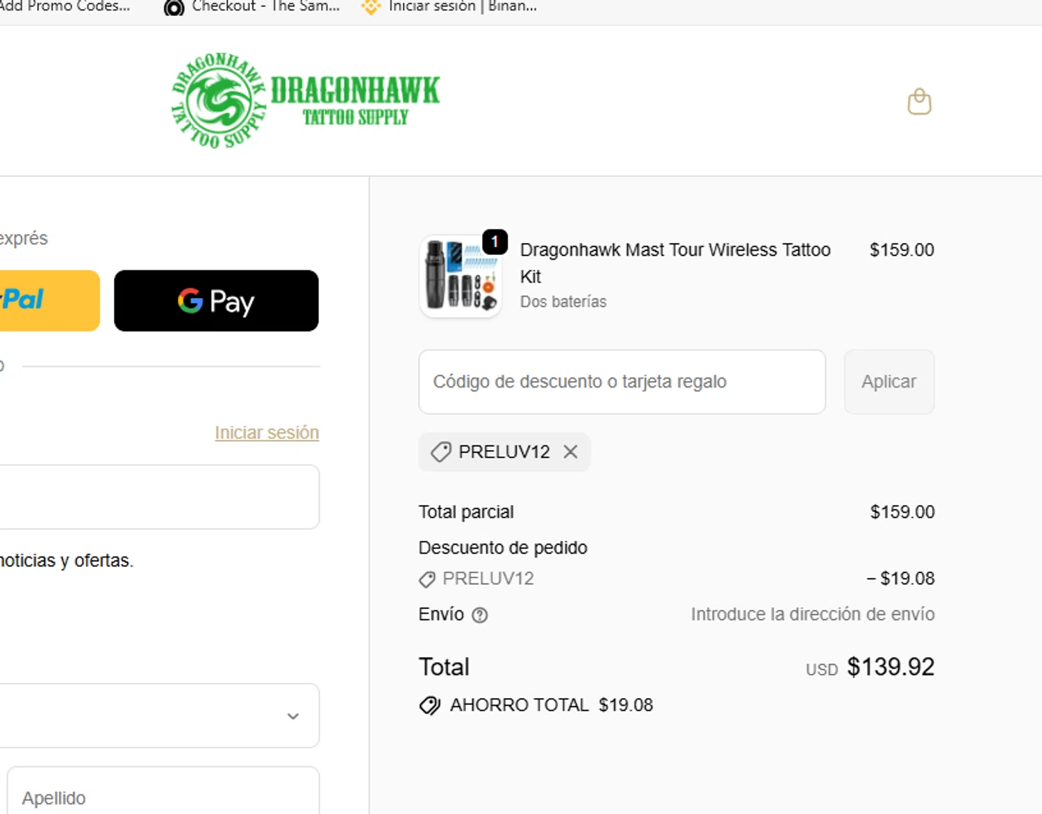 Dragonhawktattoos promo code screenshot showing code PRELUV12 applied at Dragonhawktattoos checkout page. Uploaded by SimplyCodes community member Loki_Odinson on Dec 2, 2025