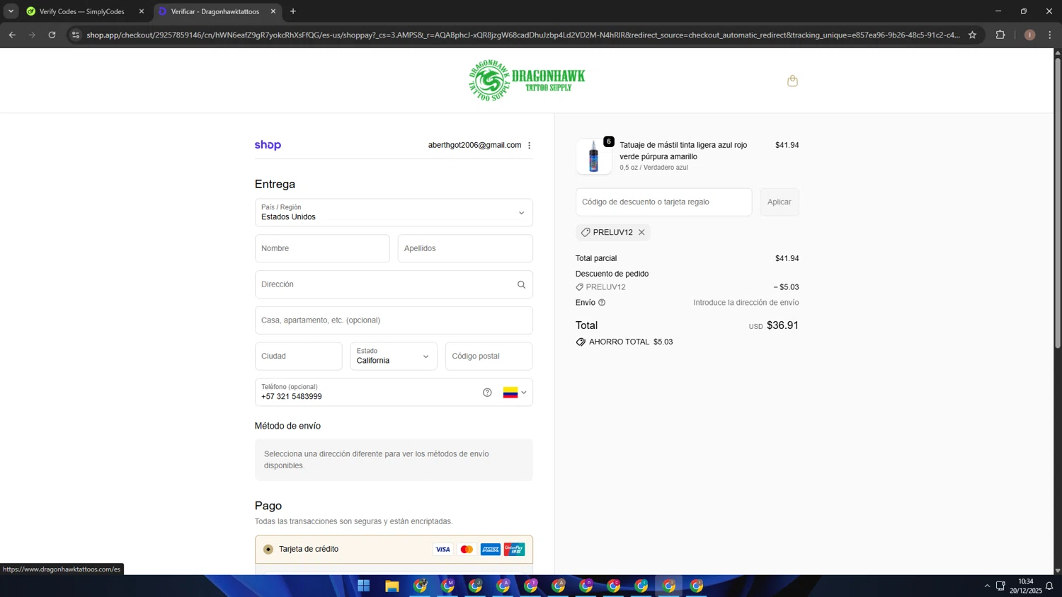 Dragonhawktattoos promo code screenshot showing code PRELUV12 applied at Dragonhawktattoos checkout page. Uploaded by SimplyCodes community member pequenokalvin5 on Dec 20, 2025