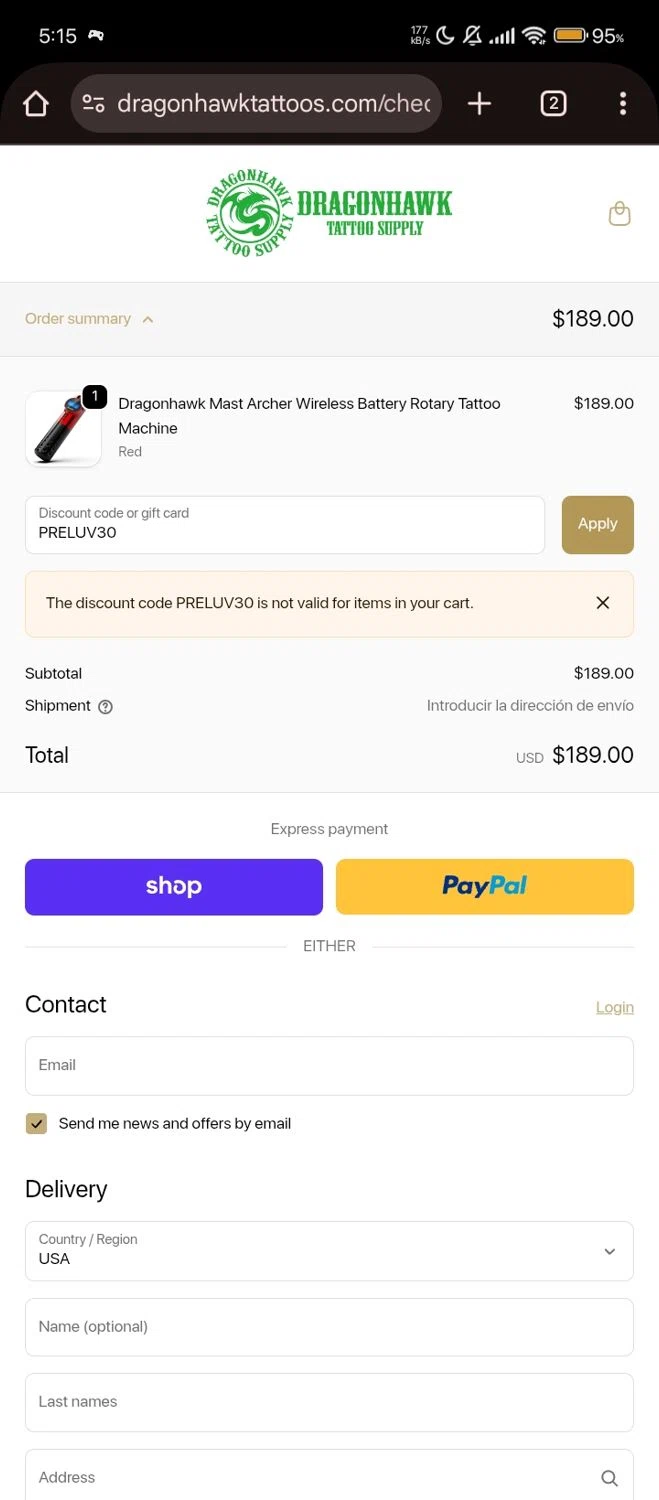 Dragonhawktattoos promo code screenshot showing code PRELUV30 applied at Dragonhawktattoos checkout page. Uploaded by SimplyCodes community member chinito on Oct 23, 2025