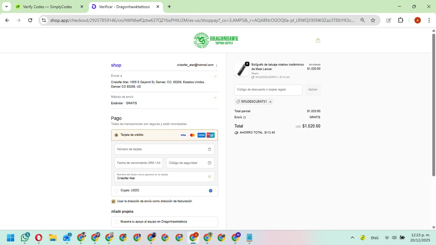 Dragonhawktattoos promo code screenshot showing code 50%descuent21 applied at Dragonhawktattoos checkout page. Uploaded by SimplyCodes community member FundoKadmiel on Dec 20, 2025