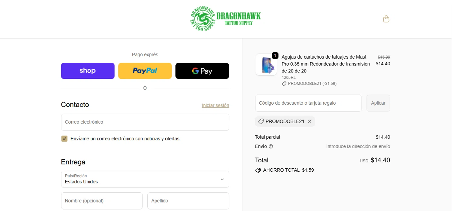 Dragonhawktattoos promo code screenshot showing code promodoble21 applied at Dragonhawktattoos checkout page. Uploaded by SimplyCodes community member CashAce9852 on Nov 22, 2025