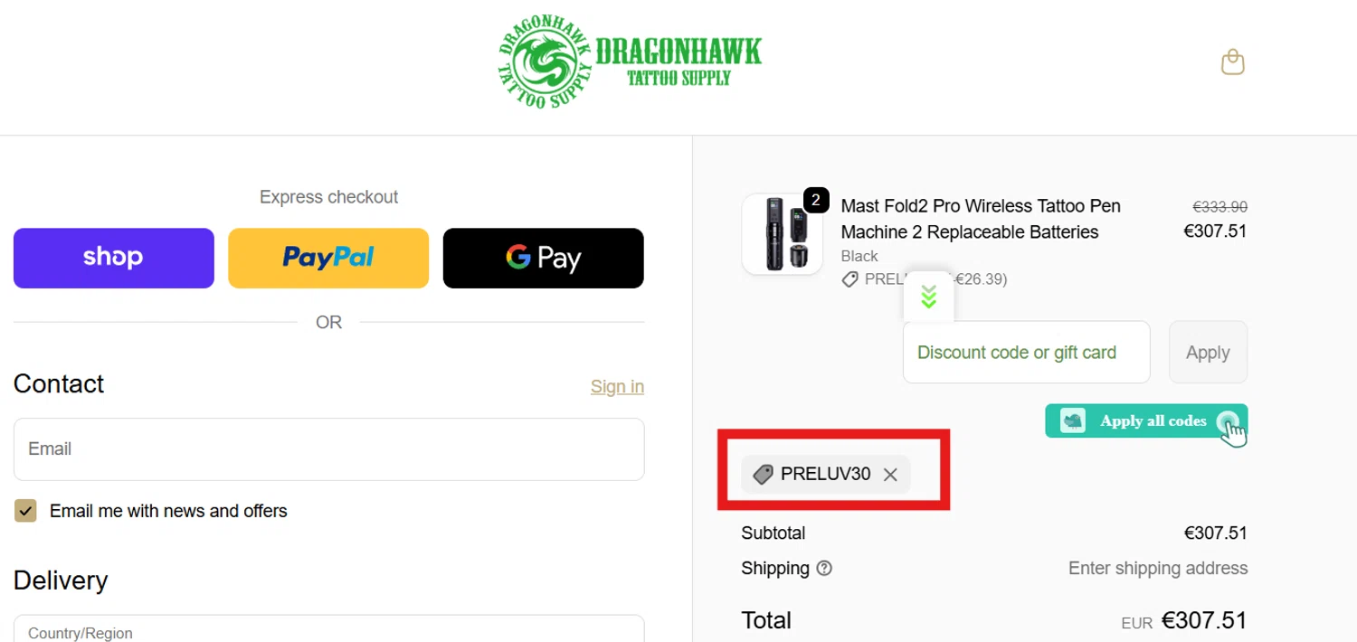 Dragonhawktattoos promo code screenshot showing code PRELUV30 applied at Dragonhawktattoos checkout page. Uploaded by SimplyCodes community member CleverSentinel4477 on Oct 23, 2025