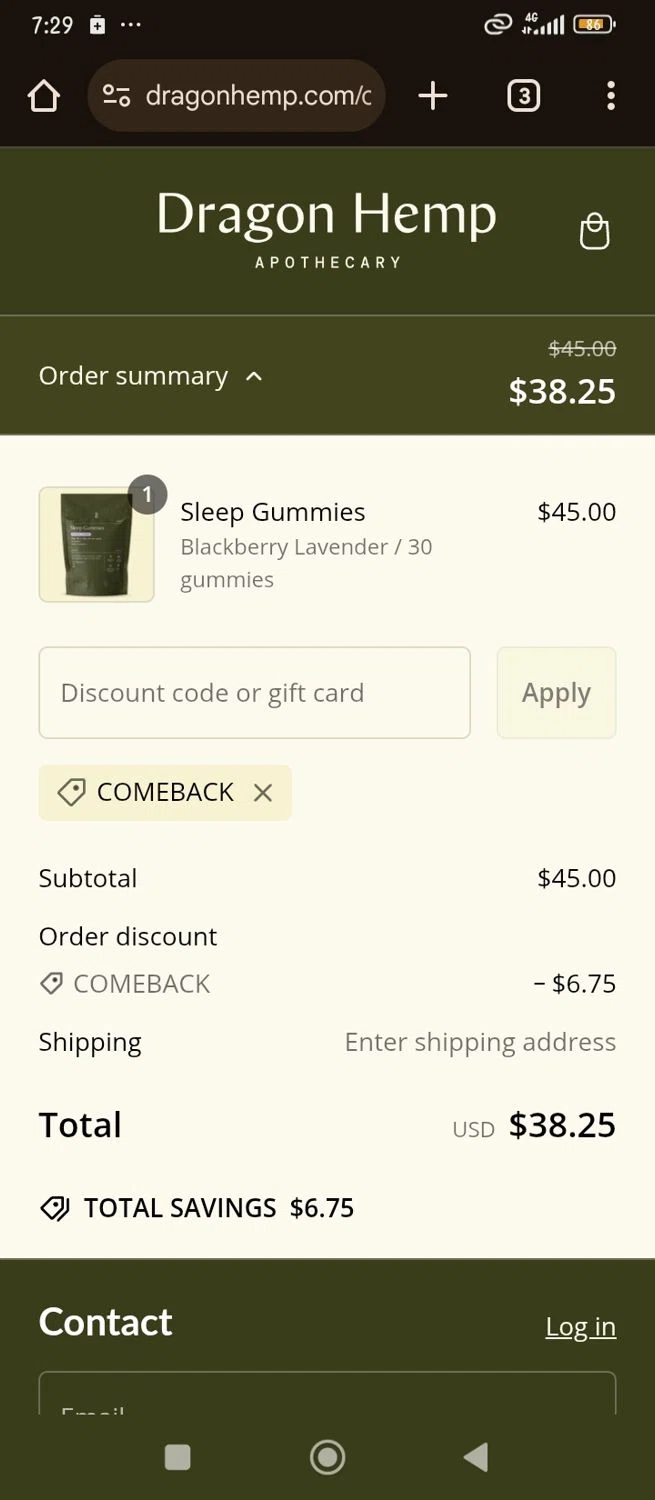 Dragon Hemp promo code screenshot showing code COMEBACK applied at Dragon Hemp checkout page. Uploaded by SimplyCodes community member Kim_michi on Feb 28, 2025