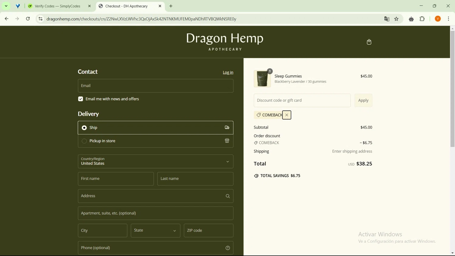 Dragon Hemp promo code screenshot showing code COMEBACK applied at Dragon Hemp checkout page. Uploaded by SimplyCodes community member SavingsFinder9954 on Feb 28, 2025