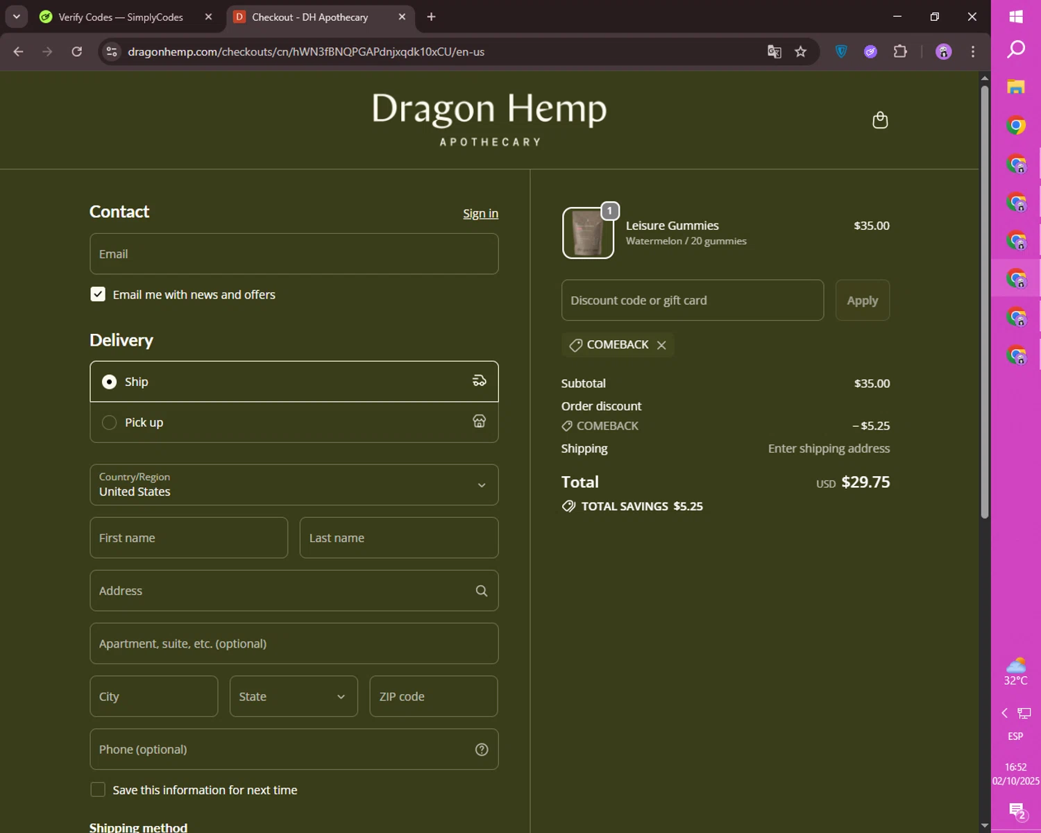 Dragon Hemp promo code screenshot showing code COMEBACK applied at Dragon Hemp checkout page. Uploaded by SimplyCodes community member ositouno on Oct 2, 2025