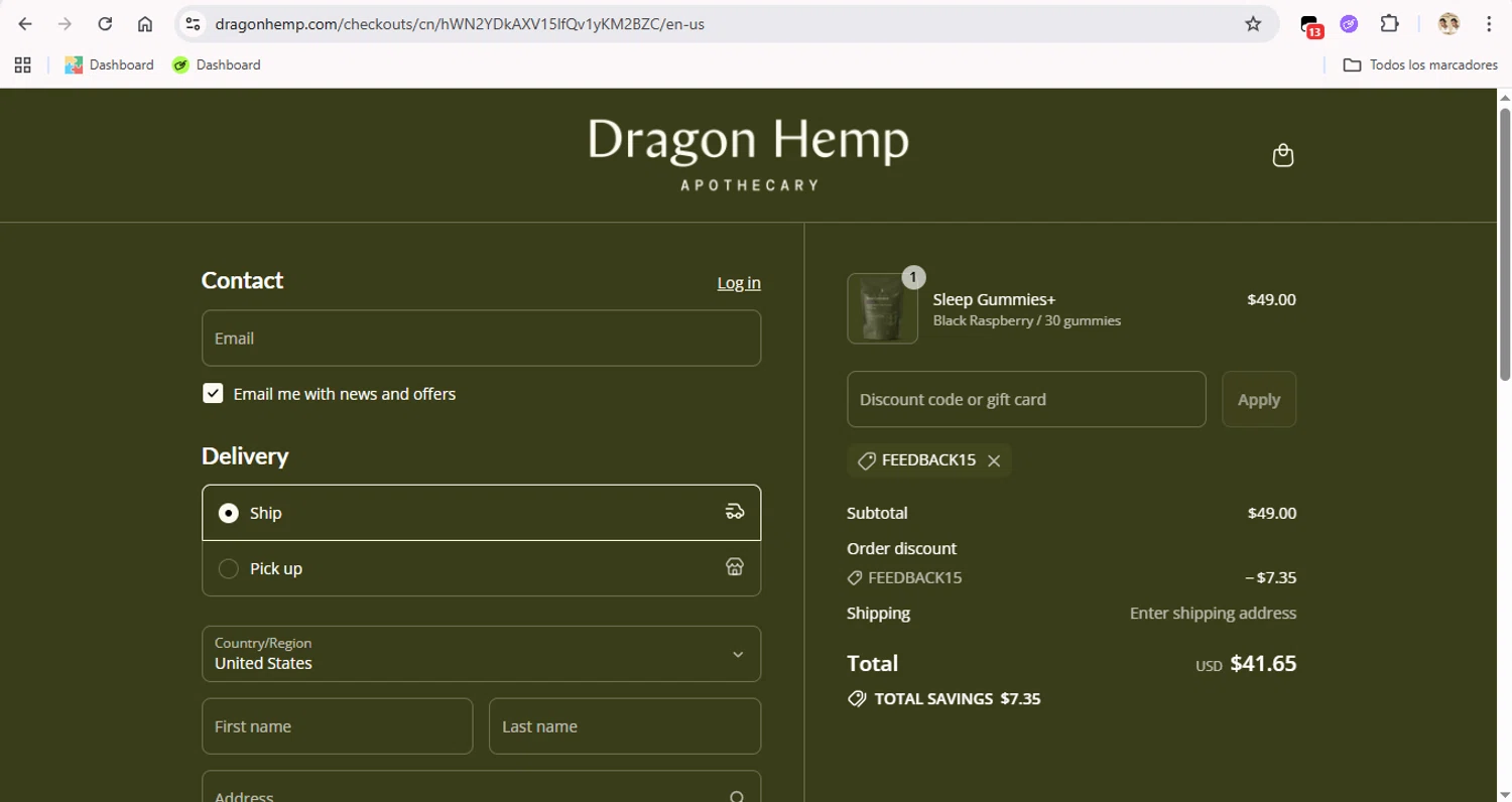 Dragon Hemp promo code screenshot showing code FEEDBACK15 applied at Dragon Hemp checkout page. Uploaded by SimplyCodes community member LegendaryTitan9160 on Sep 3, 2025