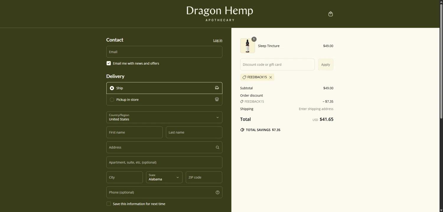 Dragon Hemp promo code screenshot showing code FEEDBACK15 applied at Dragon Hemp checkout page. Uploaded by SimplyCodes community member TokenNavigator3088 on Jun 25, 2025