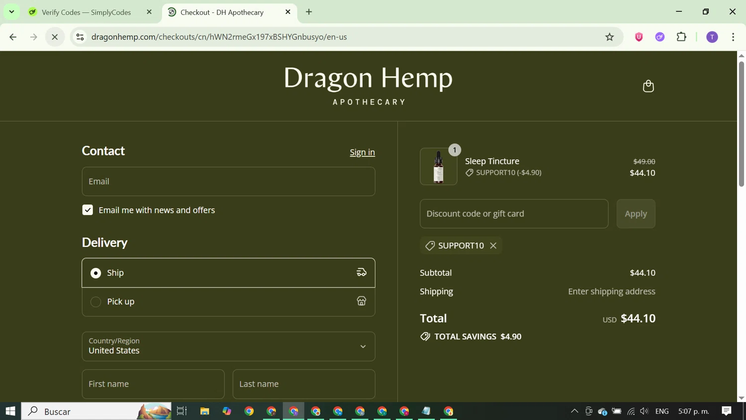 Dragon Hemp promo code screenshot showing code SUPPORT10 applied at Dragon Hemp checkout page. Uploaded by SimplyCodes community member FortunateCurator5882 on Sep 11, 2025