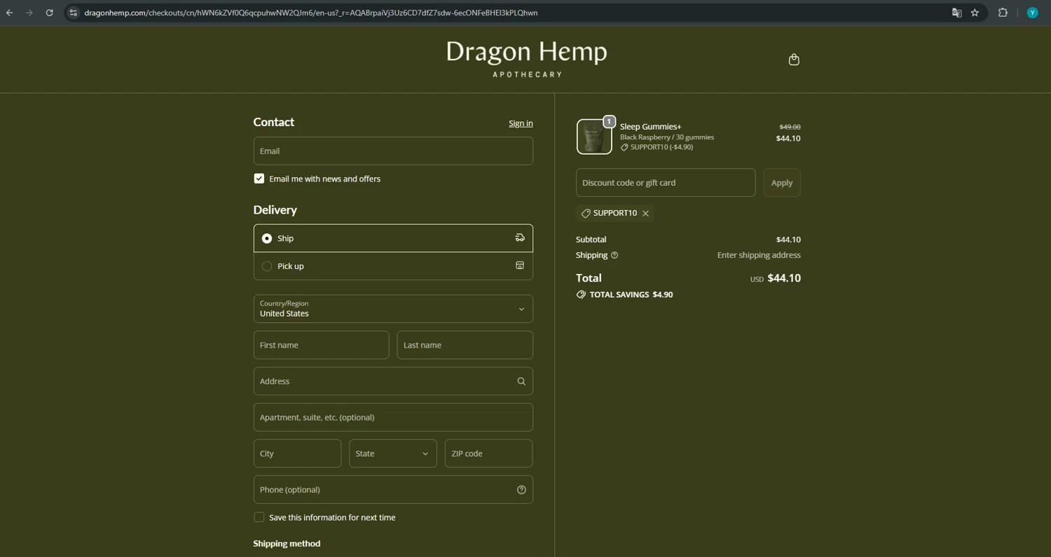Dragon Hemp promo code screenshot showing code SUPPORT10 applied at Dragon Hemp checkout page. Uploaded by SimplyCodes community member ValueTiger695 on Dec 23, 2025