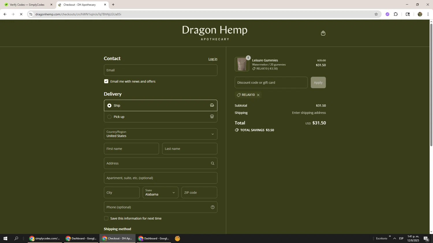 Dragon Hemp promo code screenshot showing code RELAX10 applied at Dragon Hemp checkout page. Uploaded by SimplyCodes community member Phoenix585 on Aug 12, 2025