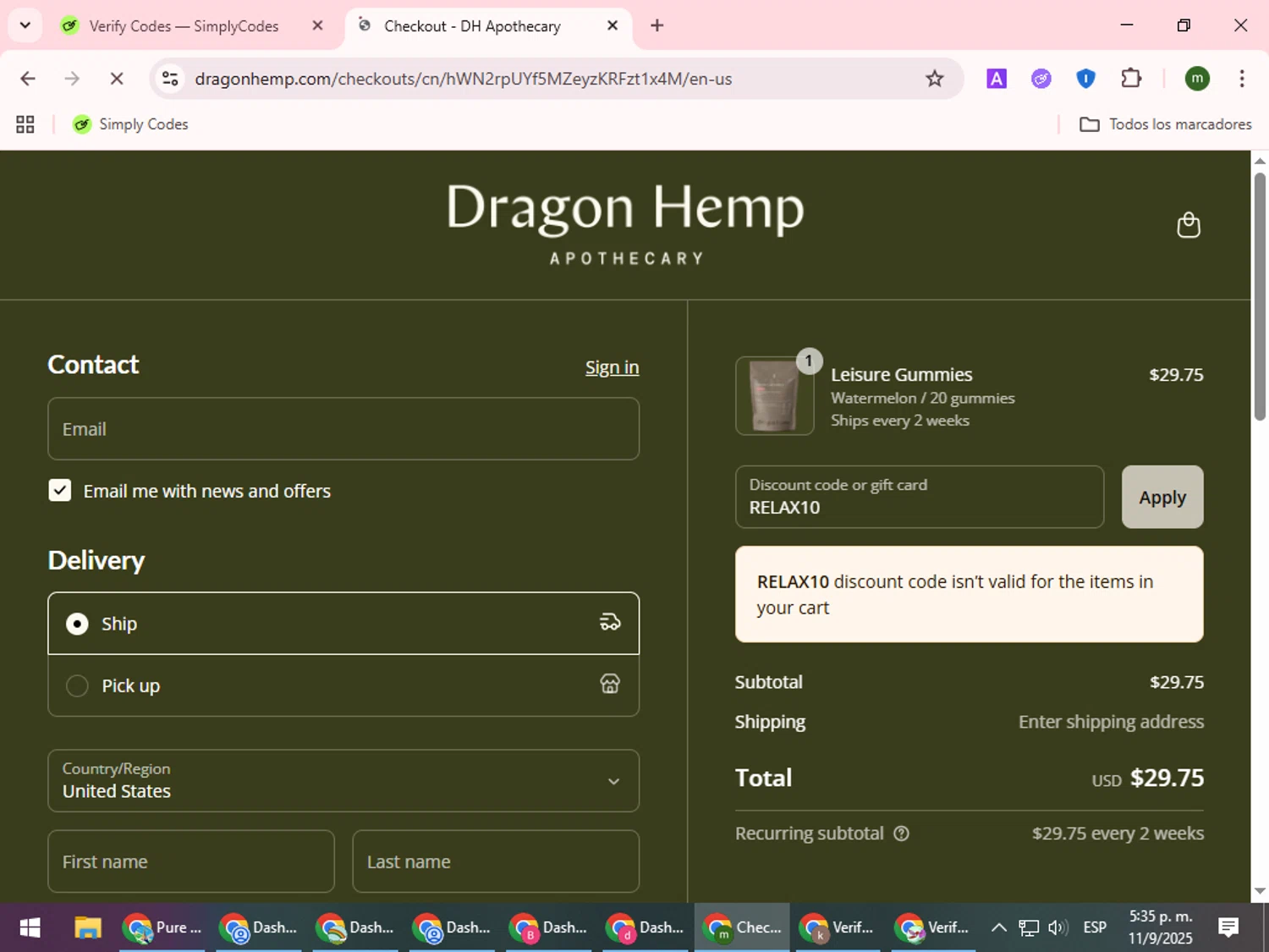 Dragon Hemp promo code screenshot showing code RELAX10 applied at Dragon Hemp checkout page. Uploaded by SimplyCodes community member VoucherCollector9196 on Sep 11, 2025