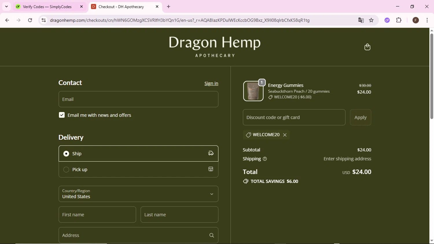 Dragon Hemp promo code screenshot showing code WELCOME20 applied at Dragon Hemp checkout page. Uploaded by SimplyCodes community member BargainShopper1802 on Dec 10, 2025
