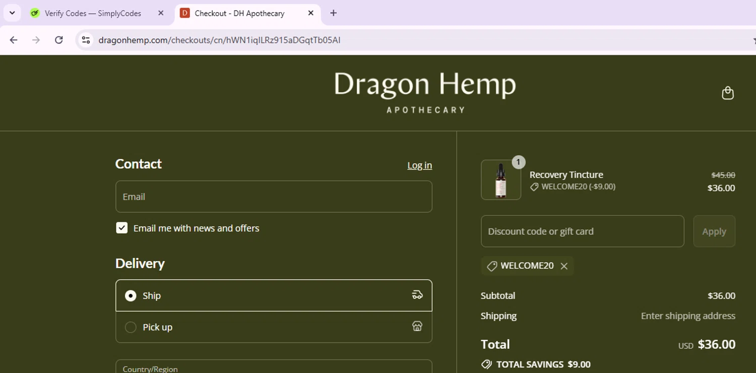 Dragon Hemp promo code screenshot showing code WELCOME20 applied at Dragon Hemp checkout page. Uploaded by SimplyCodes community member Morketools on Aug 12, 2025