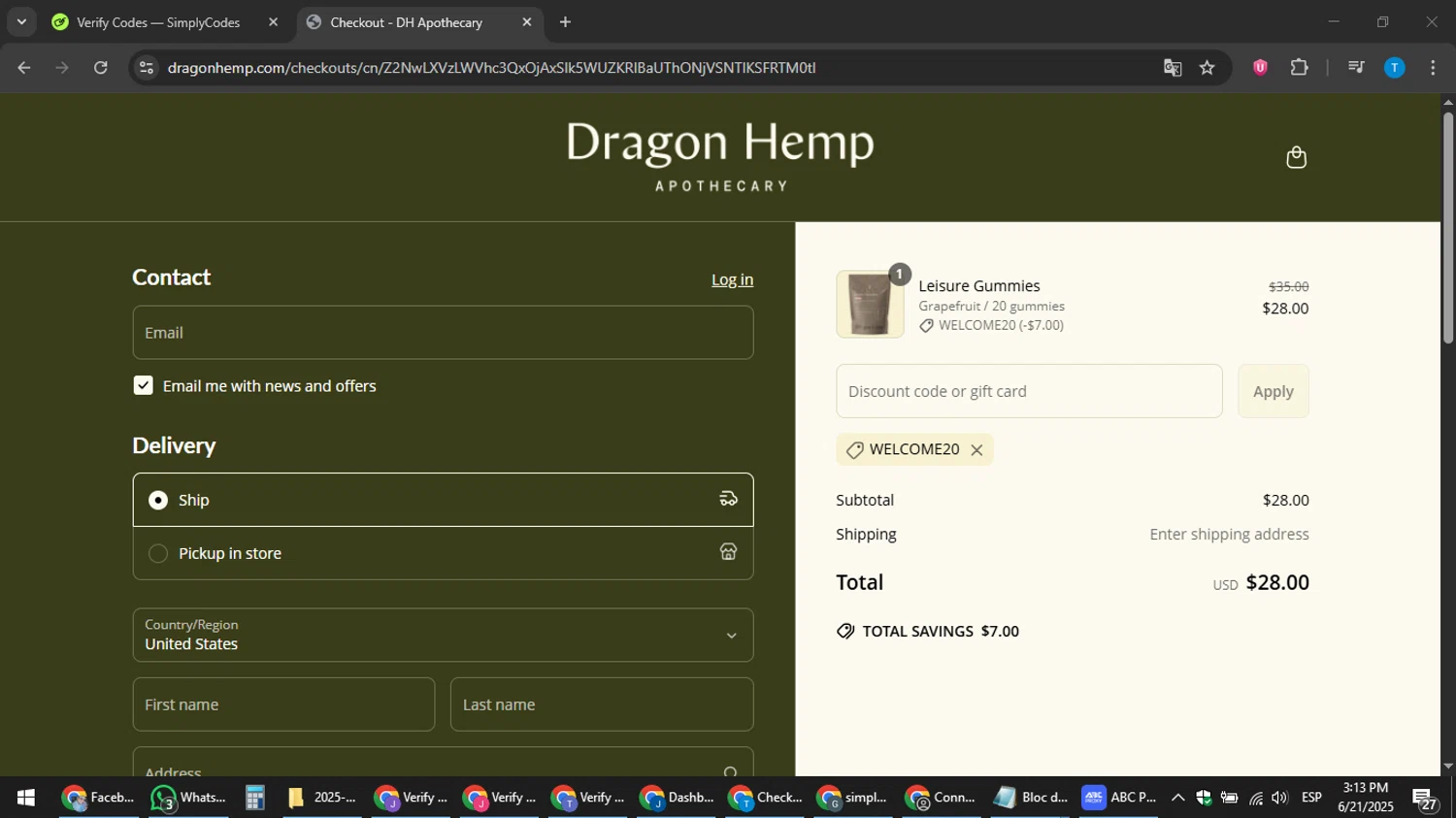 Dragon Hemp promo code screenshot showing code WELCOME20 applied at Dragon Hemp checkout page. Uploaded by SimplyCodes community member hankt1521 on Jun 21, 2025