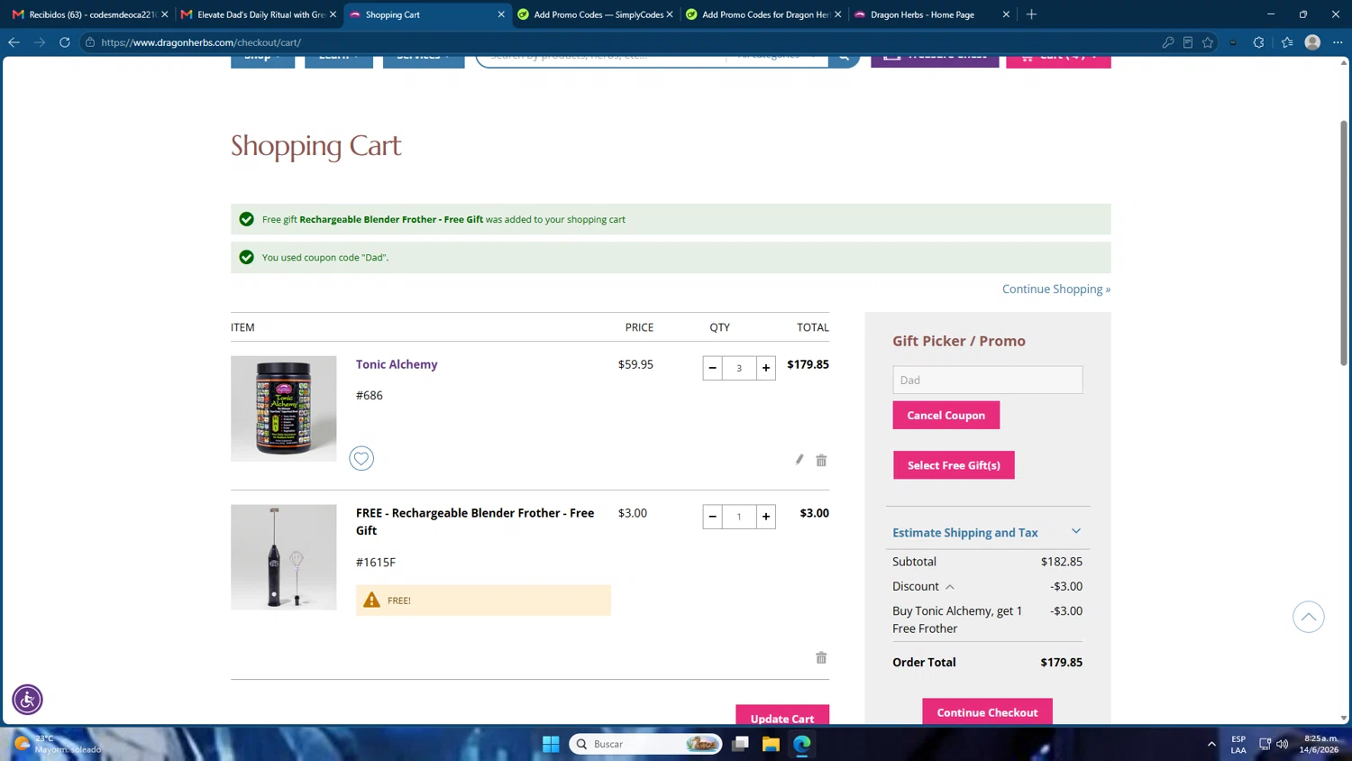 Dragon Herbs promo code screenshot showing code Dad applied at Dragon Herbs checkout page. Uploaded by SimplyCodes community member Mdeoca on Jun 14, 2026