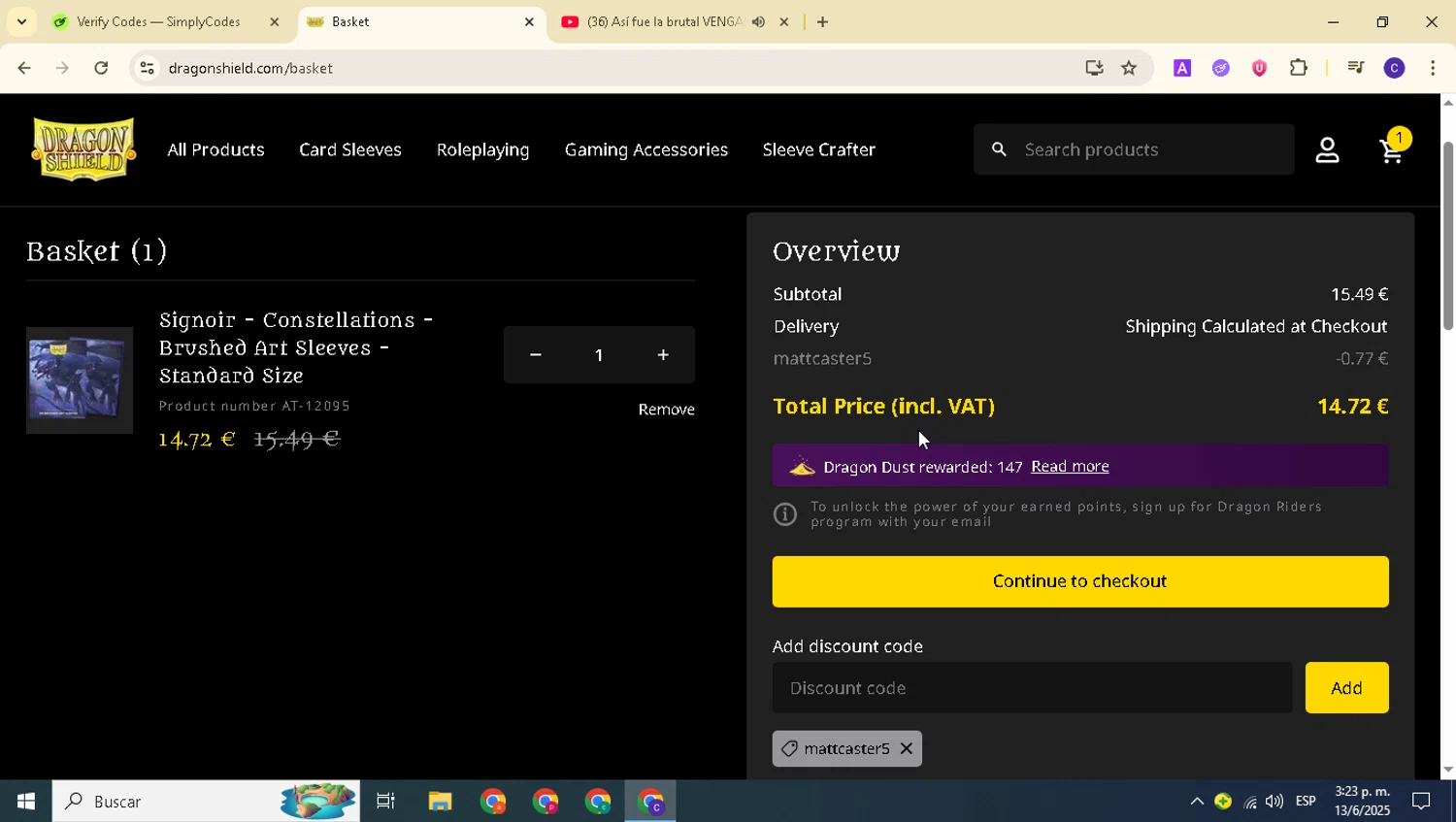 Dragon Shield discount code screenshot showing code mattcaster5 applied at Dragon Shield checkout page. Uploaded by SimplyCodes community member alexanderarnold on Jun 13, 2025