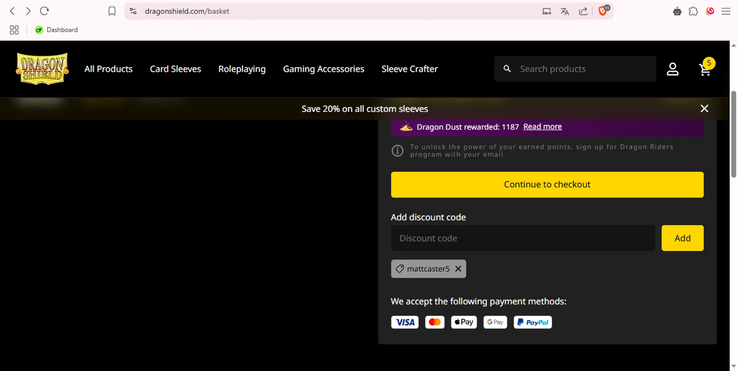 Dragon Shield discount code screenshot showing code mattcaster5 applied at Dragon Shield checkout page. Uploaded by SimplyCodes community member ciromalkovich on Apr 3, 2025