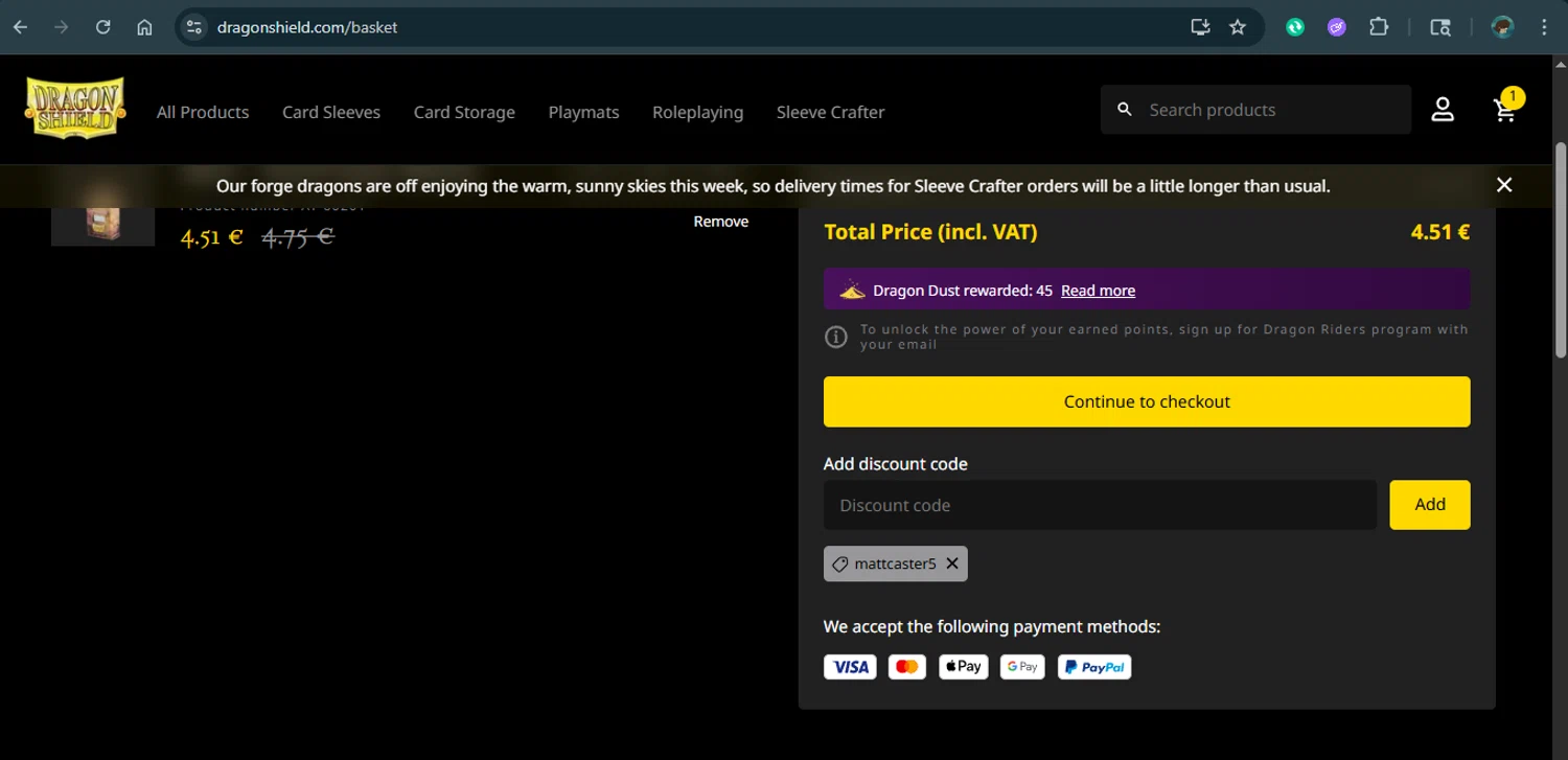Dragon Shield discount code screenshot showing code mattcaster5 applied at Dragon Shield checkout page. Uploaded by SimplyCodes community member xAngel on Jul 21, 2025
