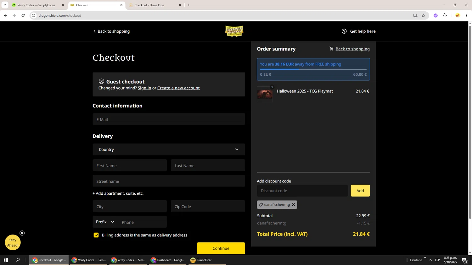 Dragon Shield discount code screenshot showing code danafischermtg applied at Dragon Shield checkout page. Uploaded by SimplyCodes community member Richard251 on Oct 6, 2025
