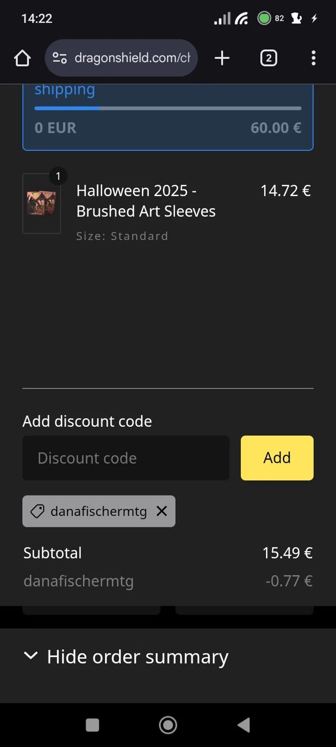 Dragon Shield discount code screenshot showing code danafischermtg applied at Dragon Shield checkout page. Uploaded by SimplyCodes community member Original01 on Nov 3, 2025