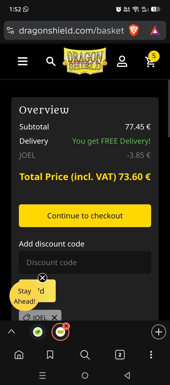 Dragon Shield discount code screenshot showing code JOEL applied at Dragon Shield checkout page. Uploaded by SimplyCodes community member DiscountLion3937 on Oct 22, 2025
