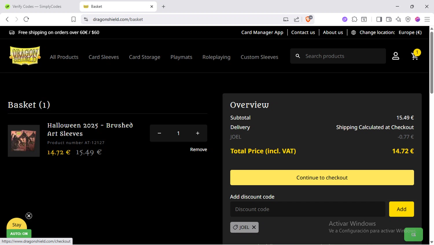 Dragon Shield discount code screenshot showing code JOEL applied at Dragon Shield checkout page. Uploaded by SimplyCodes community member SapeGato on Oct 22, 2025