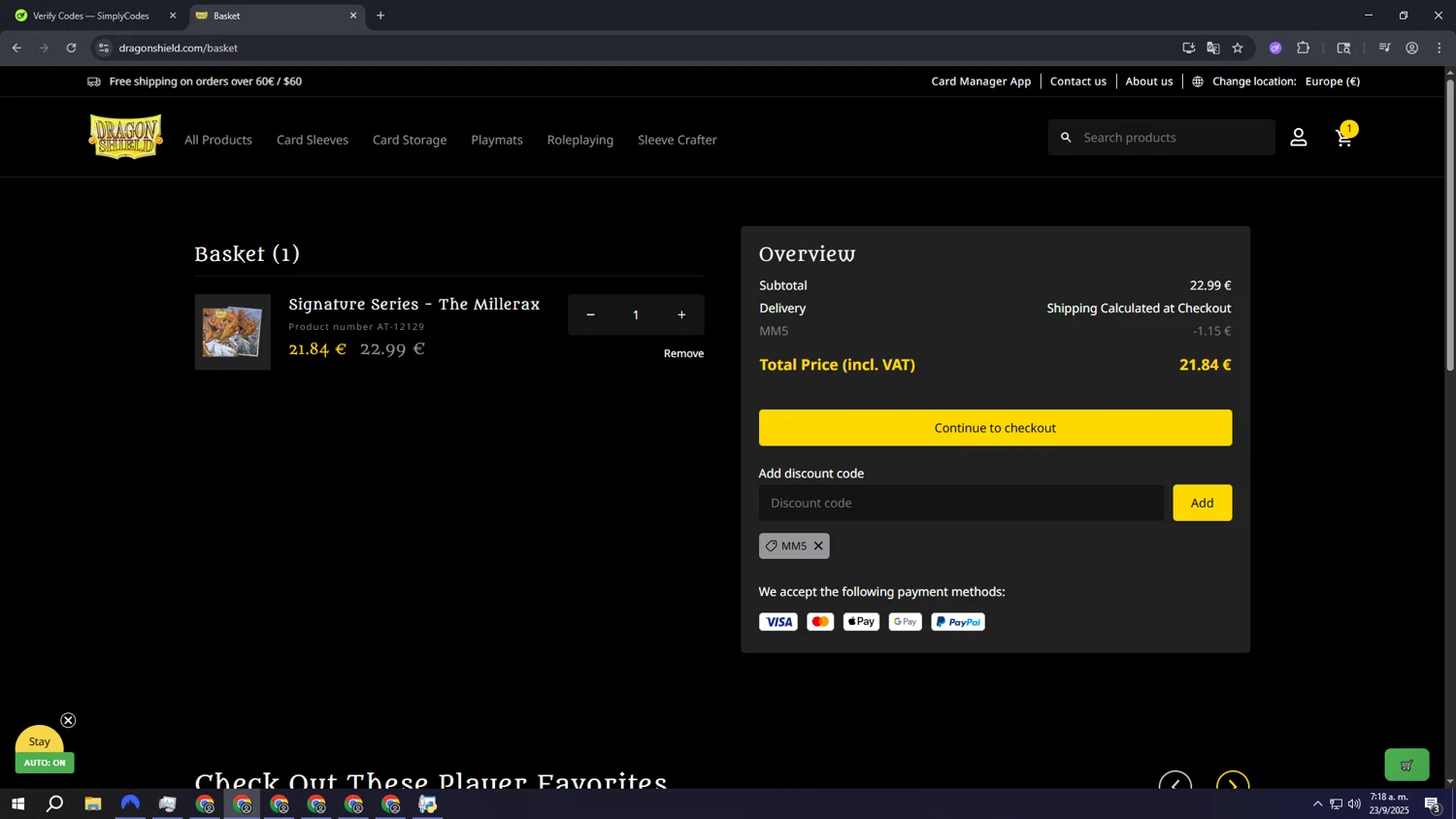 Dragon Shield discount code screenshot showing code MM5 applied at Dragon Shield checkout page. Uploaded by SimplyCodes community member aaaaaaaaaaaaaaaa on Sep 23, 2025