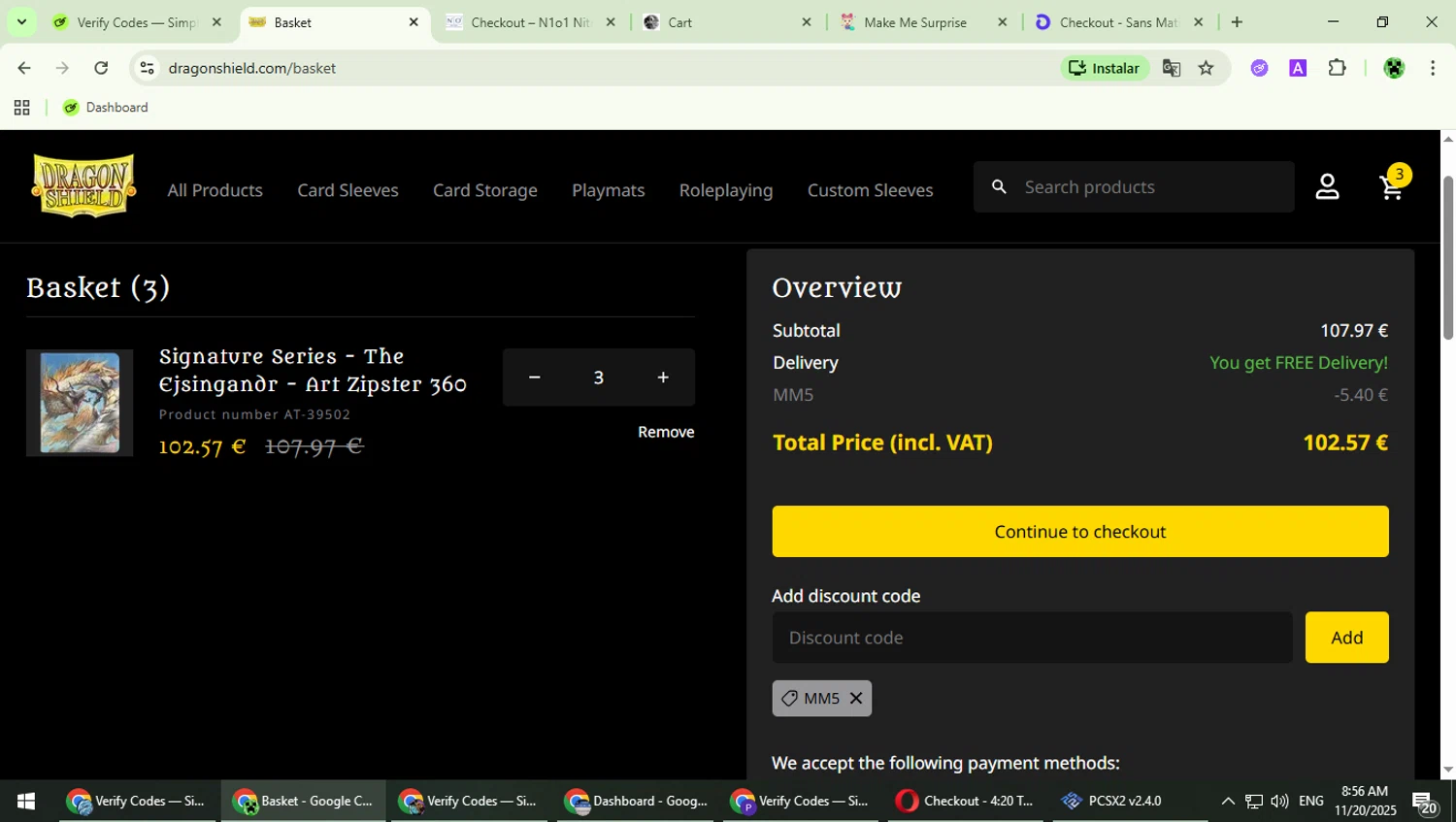 Dragon Shield discount code screenshot showing code MM5 applied at Dragon Shield checkout page. Uploaded by SimplyCodes community member MaitoGai on Nov 20, 2025