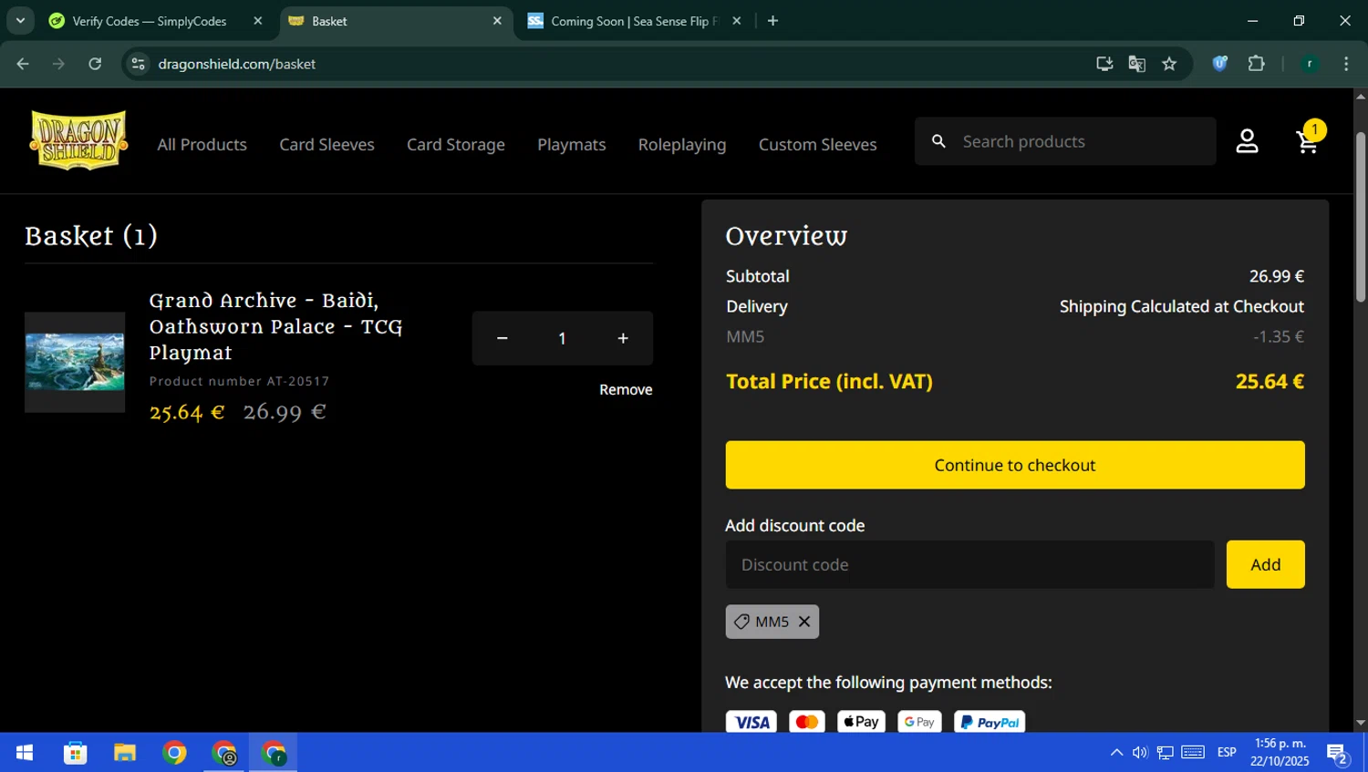 Dragon Shield discount code screenshot showing code MM5 applied at Dragon Shield checkout page. Uploaded by SimplyCodes community member rodri1 on Oct 22, 2025