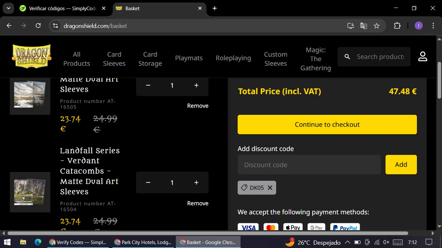 Dragon Shield discount code screenshot showing code DK05 applied at Dragon Shield checkout page. Uploaded by SimplyCodes community member AGP44456545 on Dec 19, 2025