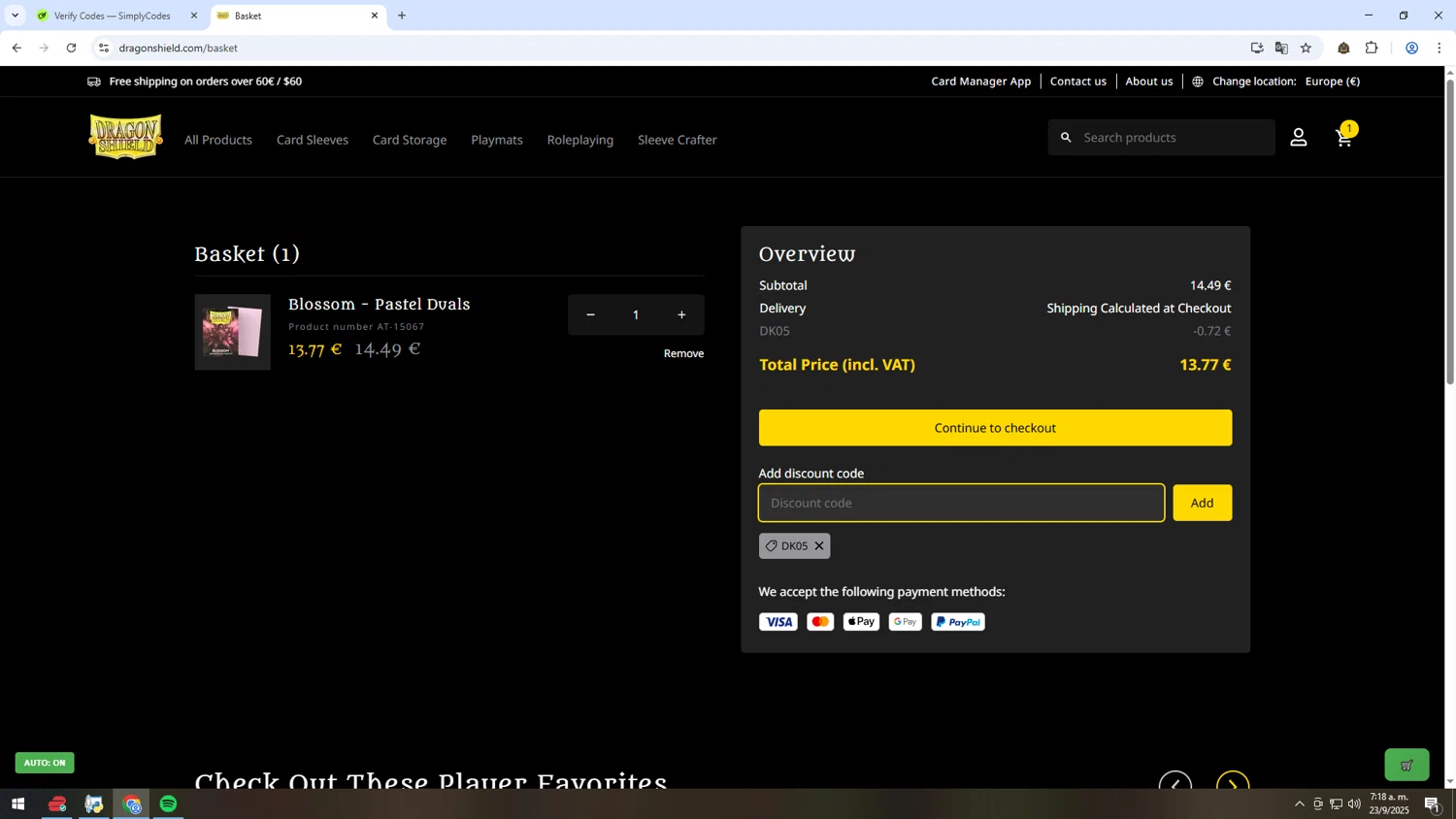 Dragon Shield discount code screenshot showing code DK05 applied at Dragon Shield checkout page. Uploaded by SimplyCodes community member HUMANIZER on Sep 23, 2025