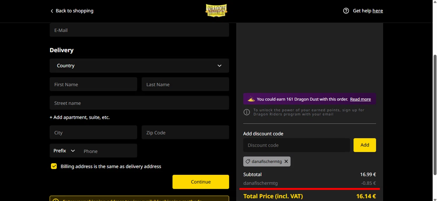 Dragon Shield discount code screenshot showing code danafischermtg applied at Dragon Shield checkout page. Uploaded by SimplyCodes community member anosesmith on Jul 10, 2025