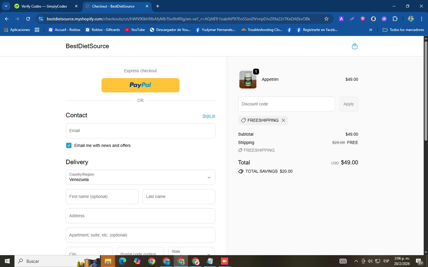 Dragon Tears promo code screenshot showing code Freeshipping applied at Dragon Tears checkout page. Uploaded by SimplyCodes community member helicoide on Feb 20, 2026