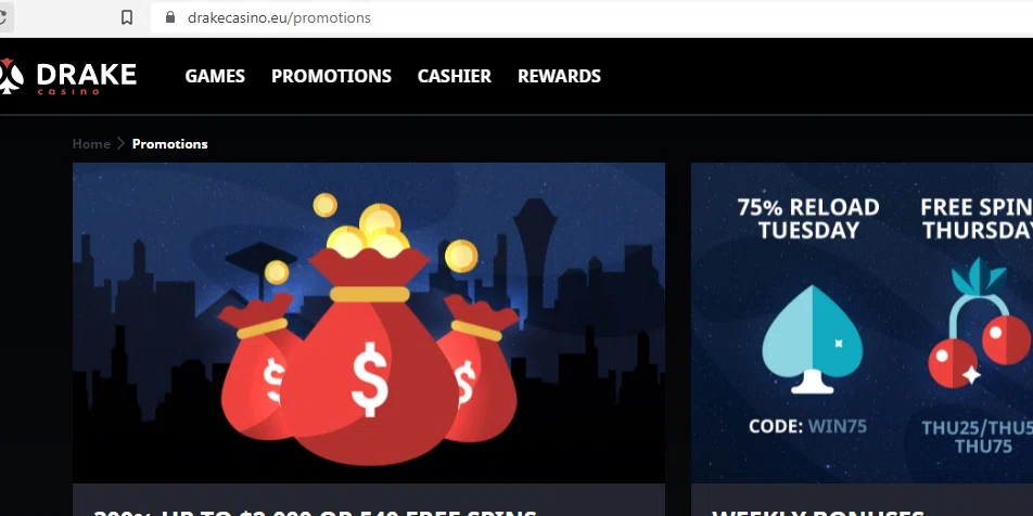 Drake Casino checkout page showing Drake Casino promo code box | Screenshot taken by SimplyCodes community member on Mar 10, 2022