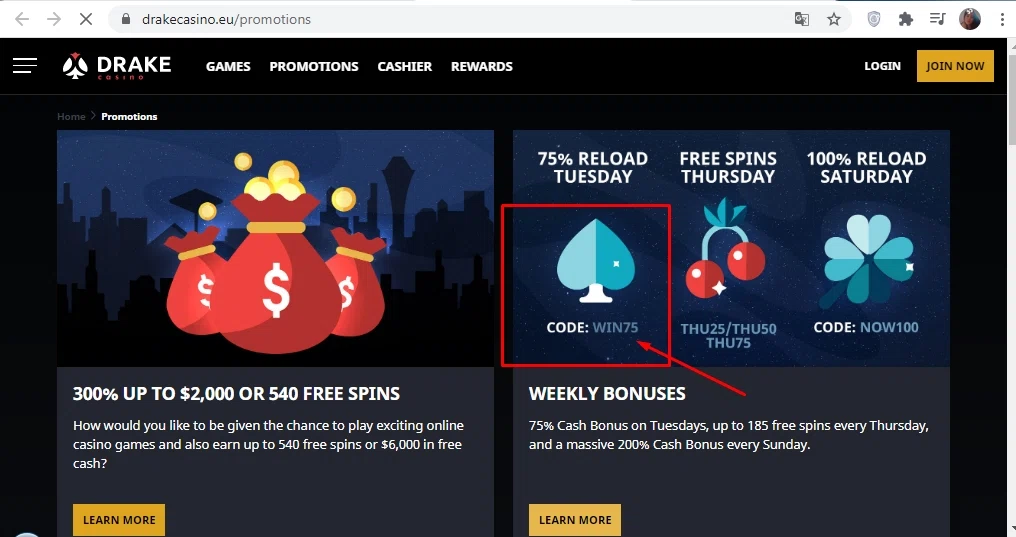 Drake Casino checkout page showing Drake Casino promo code box | Screenshot taken by SimplyCodes community member on Apr 14, 2022