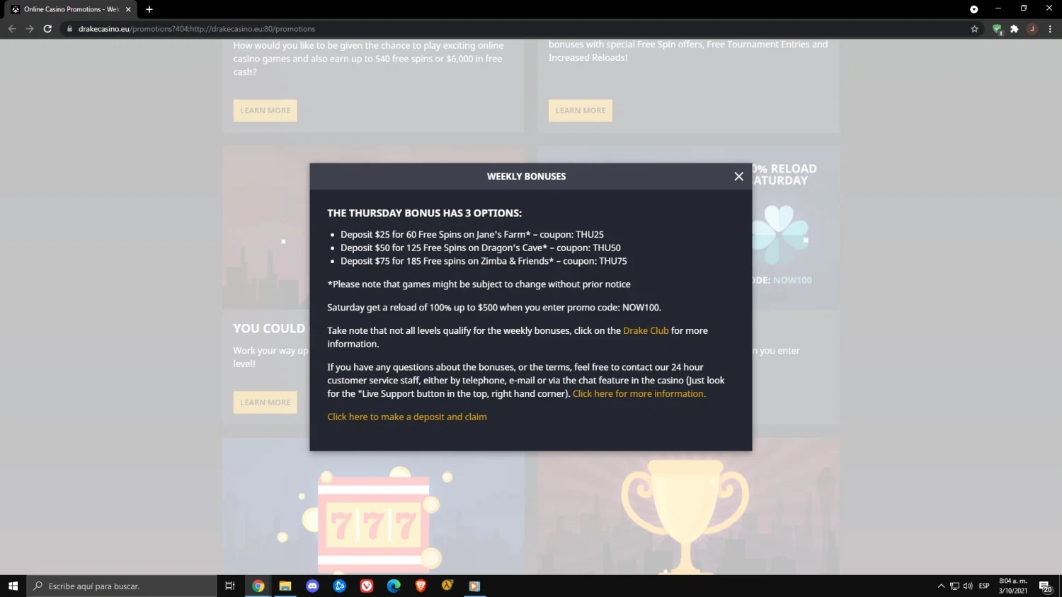 Drake Casino checkout page showing Drake Casino promo code box | Screenshot taken by SimplyCodes community member on Oct 3, 2021