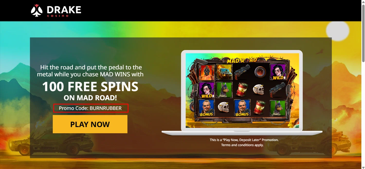 Drake Casino promo code screenshot showing code BURNRUBBER applied at Drake Casino checkout page. Uploaded by SimplyCodes community member anosesmith on Apr 18, 2025