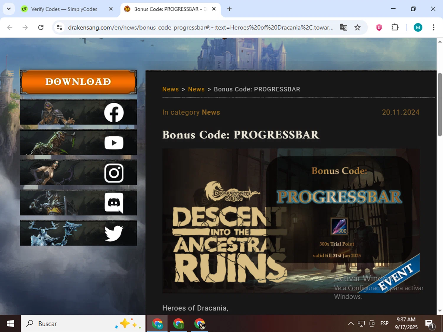 Drakensang promo code screenshot showing code PROGRESSBAR applied at Drakensang checkout page. Uploaded by SimplyCodes community member estrellaveloz on Sep 17, 2025