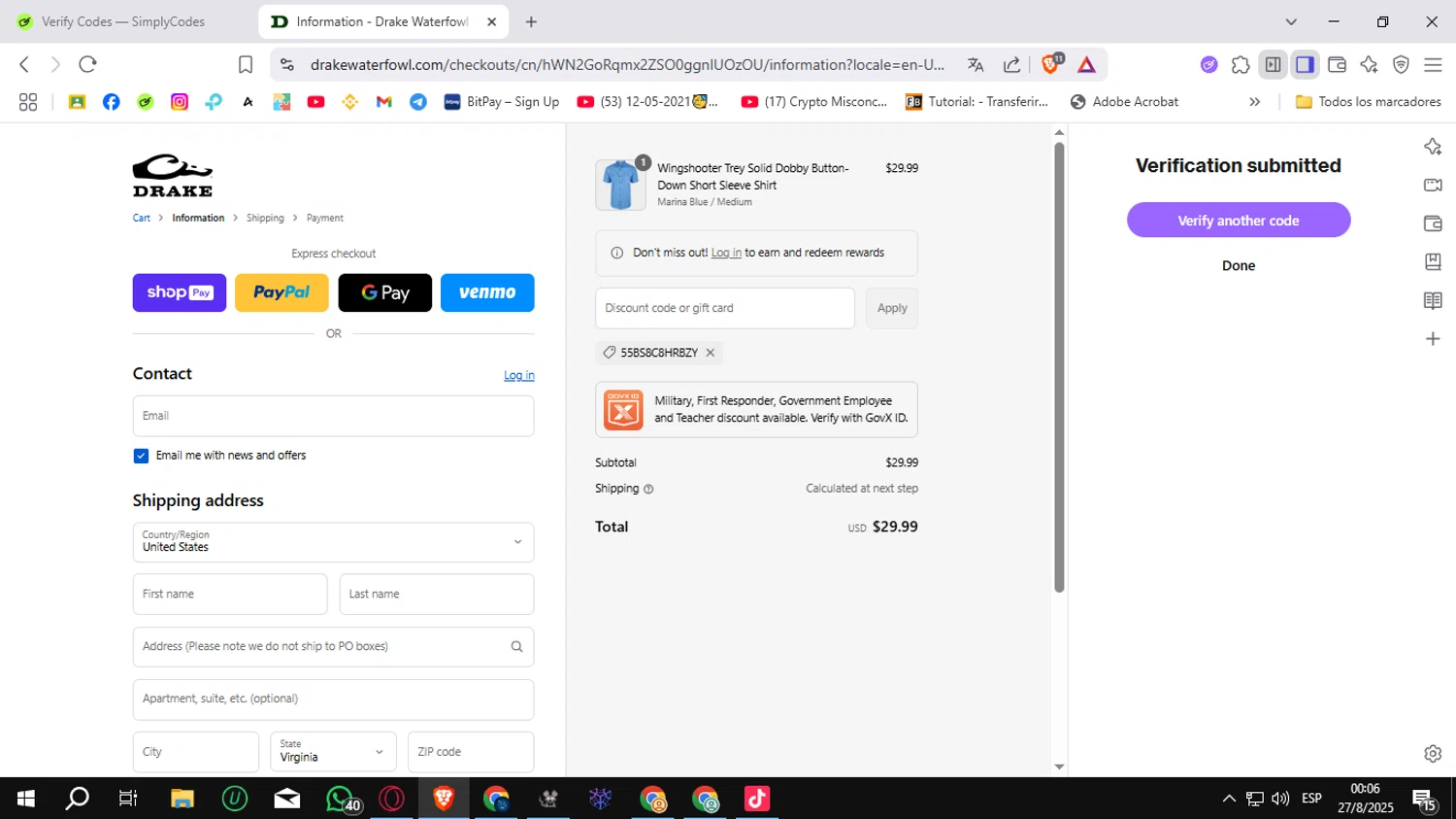 Drake Waterfowl promo code screenshot showing code 55BS8C8HRBZY applied at Drake Waterfowl checkout page. Uploaded by SimplyCodes community member Sungjinwoo on Aug 27, 2025