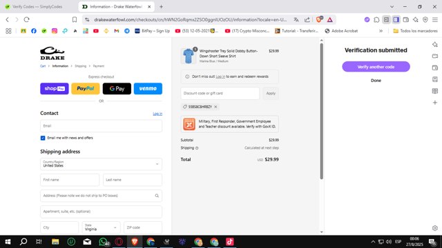 Drake Waterfowl checkout page showing Drake Waterfowl promo code box | Screenshot taken by SimplyCodes community member on Aug 27, 2025