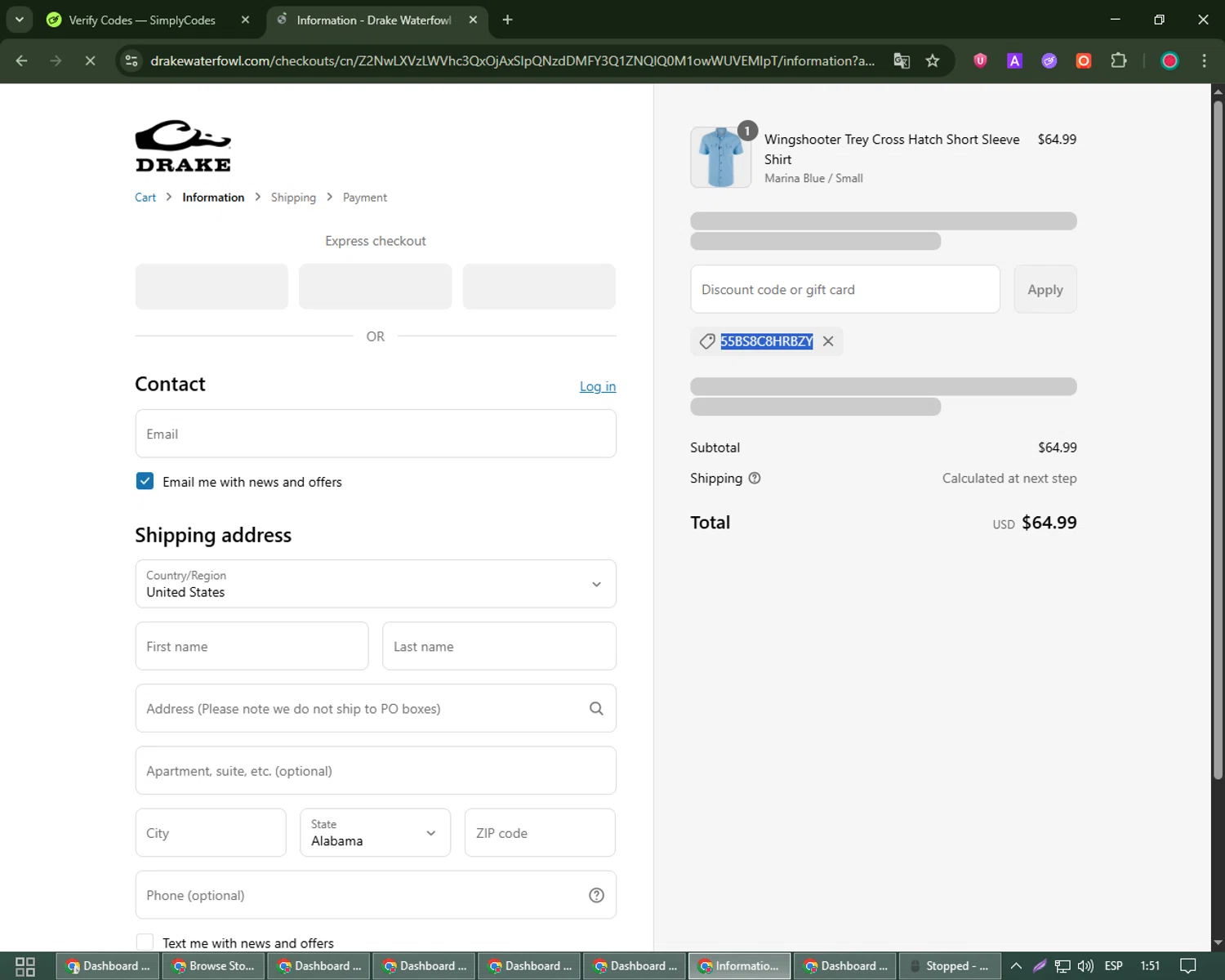 Drake Waterfowl promo code screenshot showing code 55BS8C8HRBZY applied at Drake Waterfowl checkout page. Uploaded by SimplyCodes community member james_smith on Jul 8, 2025