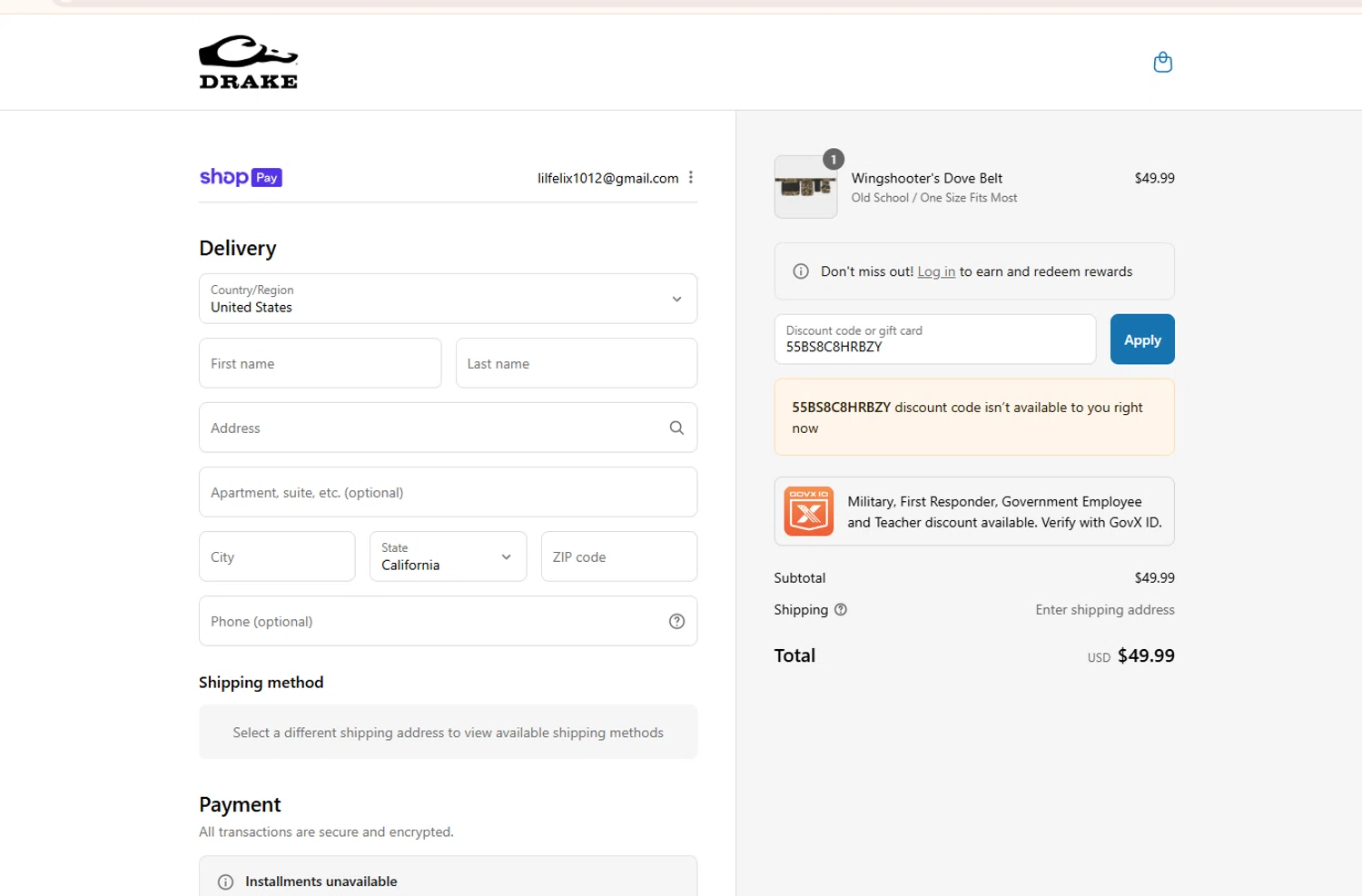 Drake Waterfowl promo code screenshot showing code 55BS8C8HRBZY applied at Drake Waterfowl checkout page. Uploaded by SimplyCodes community member lilfeli on Aug 3, 2025