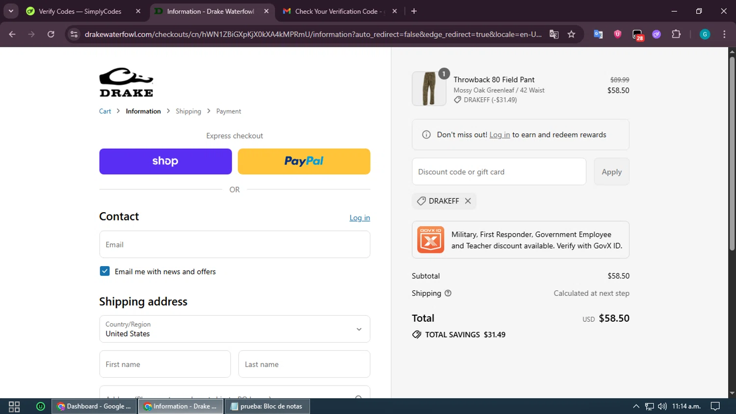 Drake Waterfowl promo code screenshot showing code DrakeFF applied at Drake Waterfowl checkout page. Uploaded by SimplyCodes community member PromoMonarch5278 on Aug 8, 2025