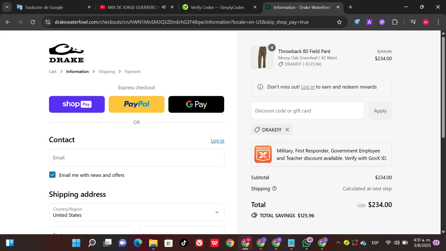 Drake Waterfowl promo code screenshot showing code DrakeFF applied at Drake Waterfowl checkout page. Uploaded by SimplyCodes community member SwiftPioneer1769 on Aug 3, 2025